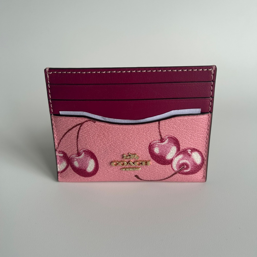 Coach Slim ID Card Case Flower Pink Cherry Print Leather CR840 New